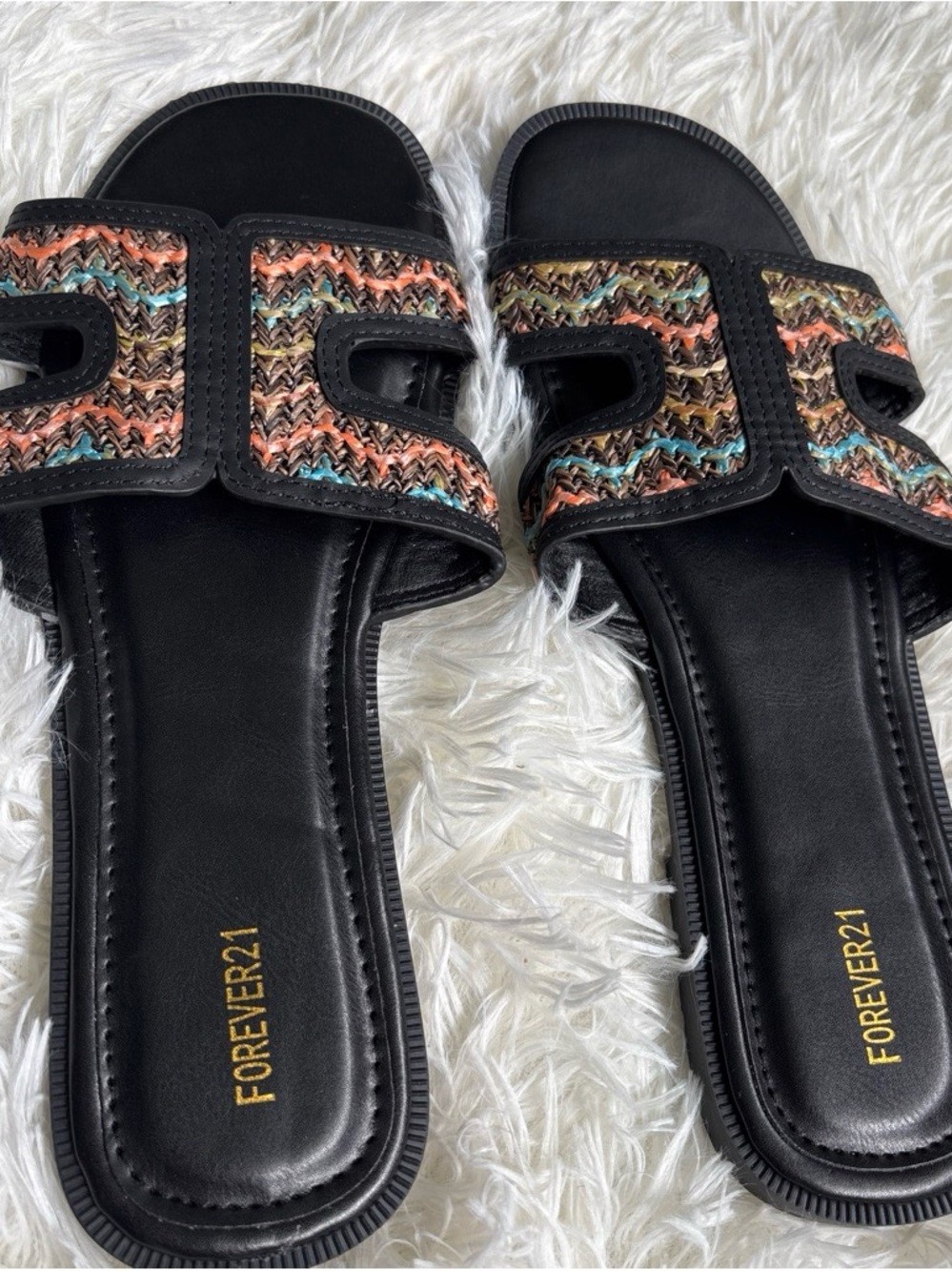 Forever 21 Black Slides with Multicolor Woven Straps